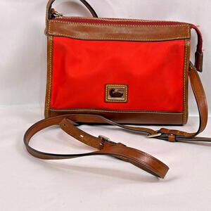 Dooney & Bourke Red Nylon Brown Leather Trim Crossbody Shoulder Bag